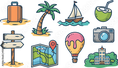 Collection of travel and vacation icons including suitcase palm tree sailboat coconut drink map hot air balloon camera and signpost