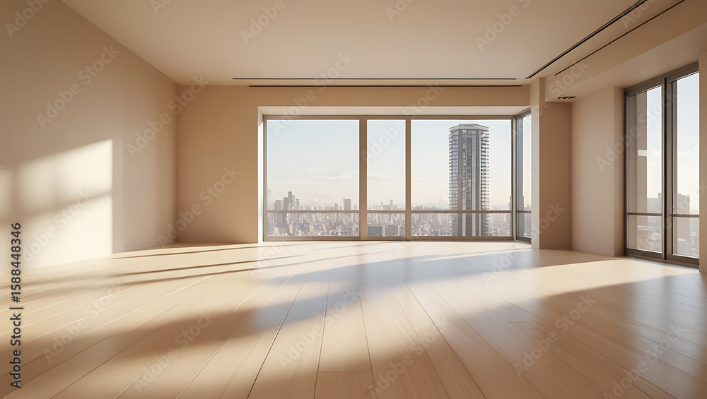 Fototapeta premium Empty room with large windows and city view