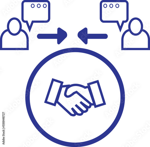 Partnership and Agreement The digital image embodies the essence of a strategic alliance. Two individuals represented by minimalist icons, each engaged in a dialogue through speech bubbles.