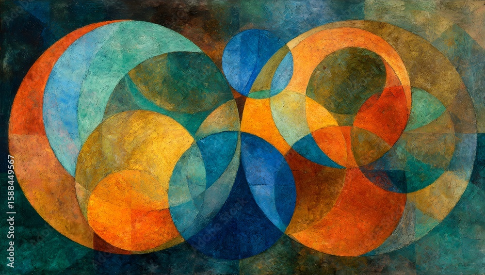 Fototapeta premium Colorful geometric abstract art with overlapping circular shapes and textured background