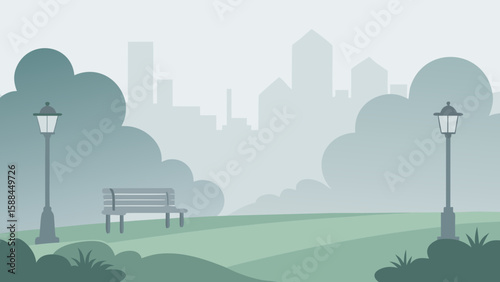 Misty Morning Park Background with Soft Light and Fog