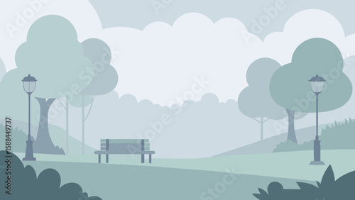 Misty Morning Park Background with Soft Light and Fog