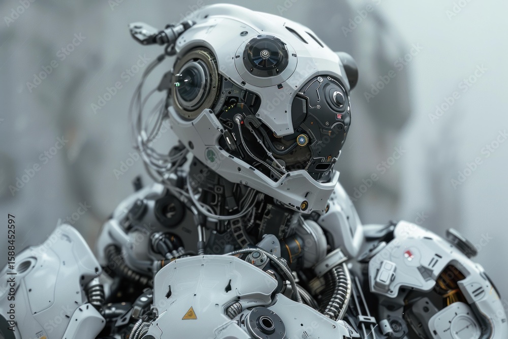 Fototapeta premium White and chrome android with exposed wires and intricate detail