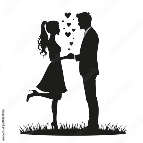 Couple holding hands surrounded by hearts love romance