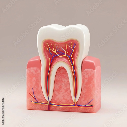 tooth paste, 3D cross-sectional illustration of a human tooth showing detailed anatomy. Highlights enamel, dentin, pulp with blood vessels and nerves, and root canal structure medical, dental, or educ