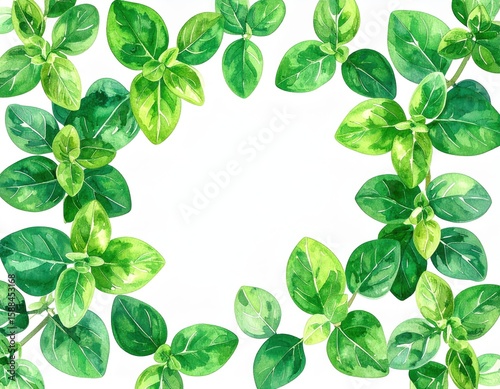 Oregano Leaves Watercolor Illustration with Ink Wash Aesthetic Backdrop Style