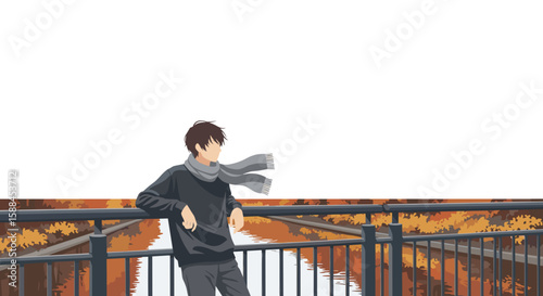 Man leaning on bridge in autumn park with colorful trees illustration