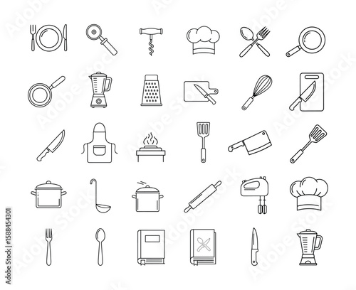 Comprehensive linear icon set for kitchen and cooking, featuring essential utensils, cookware, appliances, and chef's tools, ideal for recipes, culinary blogs, and food-related designs.