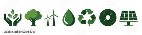 Green energy and environmental protection flat icon set, featuring hands holding leaves, tree, wind turbines, water drop, recycle symbol, sun, and solar panel.