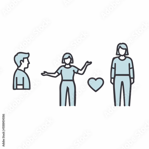 Illustration of Diverse People Expressing Emotions with Heart Symbol for Community Engagement, Relationship Blogs, Communication Websites, and Mental Health Resources  
