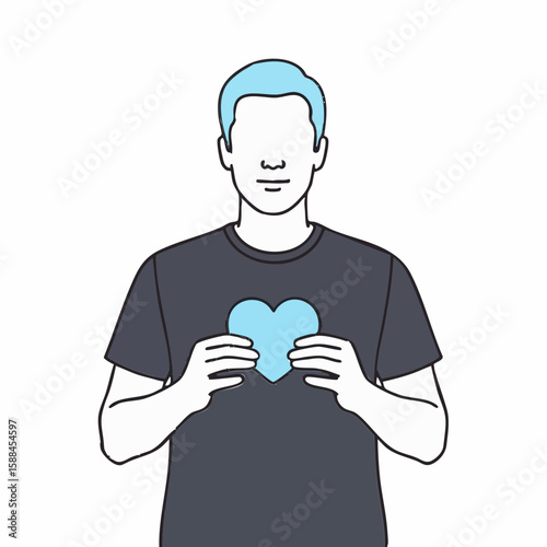 Man Holding a Blue Heart Illustration Symbolizing Love and Caring for Social Media, Blogs, Digital Awareness Campaigns, and Health Content  