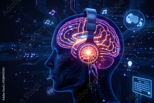 Headphones plugged into a brain model, AI learning from human sound

