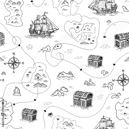 Seamless Treasure Map Pattern with Ships, Islands, and Compass