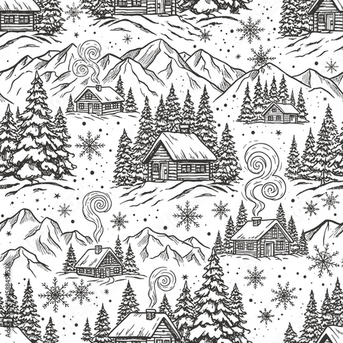 Winter Cabin in the Woods Seamless Pattern with Snowflakes