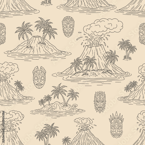 Tropical Pattern featuring Volcanoes, Masks, and Palm Trees