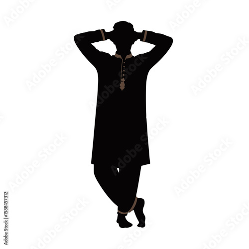 Man in traditional attire with hands behind head silhouette