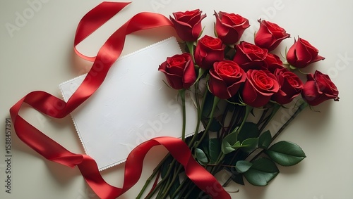 Romantic flat lay with red roses, blank card, and ribbon, Valentine’s Day theme