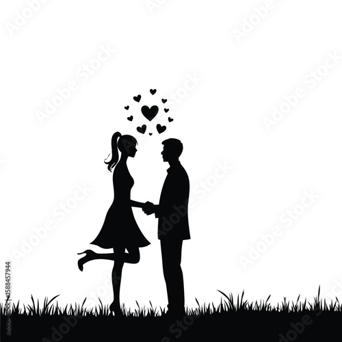 Couple holding hands with hearts above love romance