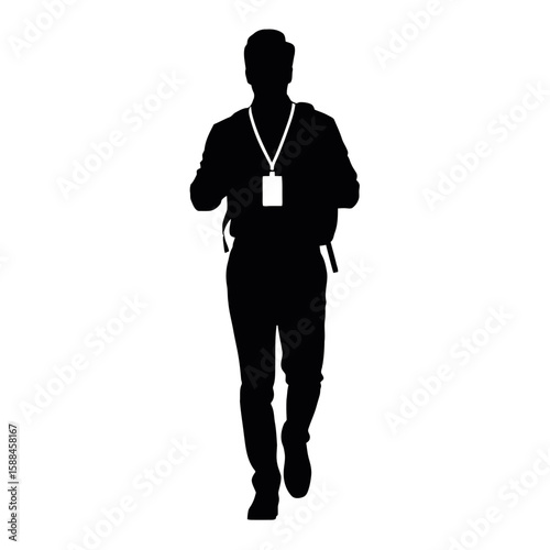 Man with lanyard and badge walking silhouette person