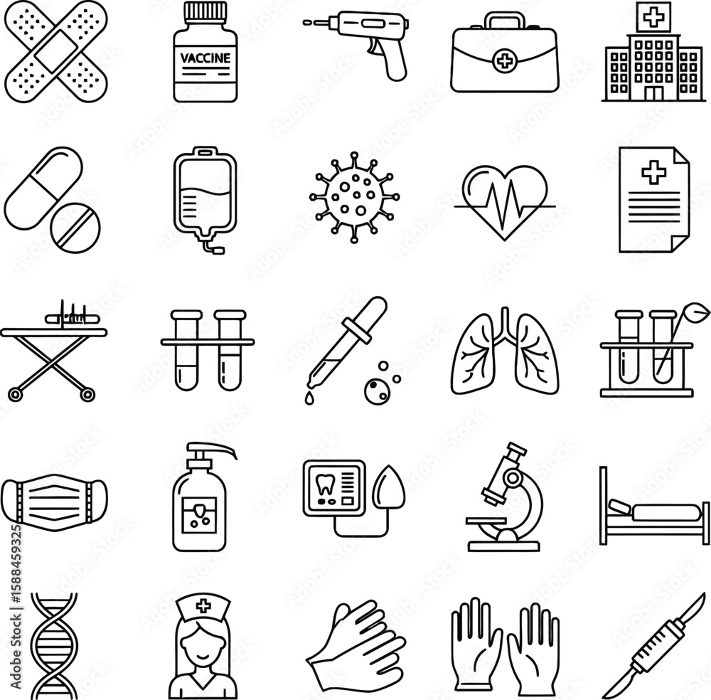 Naklejka premium Medical And Healthcare Icons Collection With Various Equipment And Symbols vector