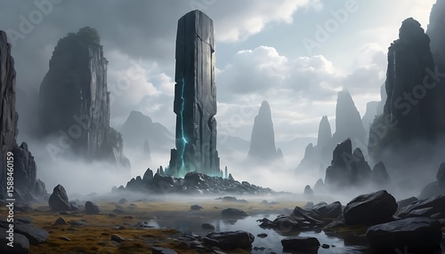 Wallpaper Mural Stone Tower with Electric Energy in a Misty Fantasy Landscape Torontodigital.ca