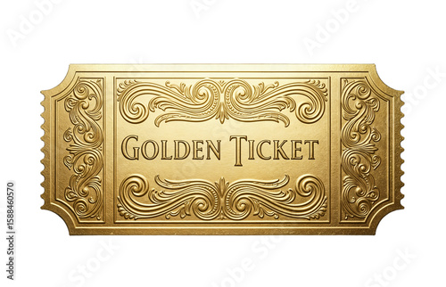A golden ticket with ornate designs and the text 'GOLDEN TICKET' prominently displayed. The background is transparent, emphasizing the ticket's details.