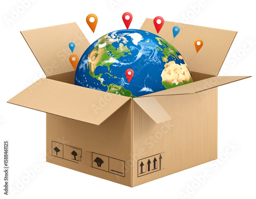 Earth Nestled Inside Sealed Box with Global Location Icons, Logistics PNG