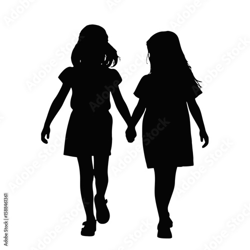 Two girls holding hands walking silhouette children