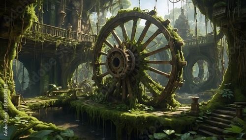 Wallpaper Mural Old Wooden Wheel in Overgrown Jungle Ruins with Mossy Texture Torontodigital.ca