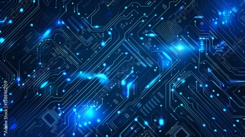 Modern technology circuit board texture background design. Quantum computer technologies concepts, large data processing. Futuristic blue circuit board background. Minimal vector motherboard