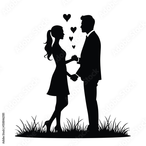 Couple holding hands with hearts above love romance