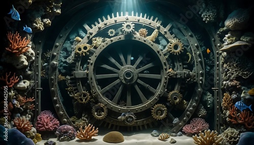 Wallpaper Mural Steampunk Aquarium Scene with Coral Reef, Gears, and Tropical Fish Torontodigital.ca