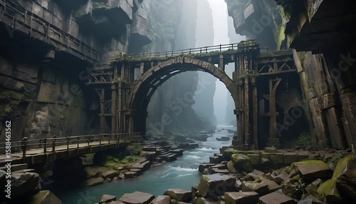 Wallpaper Mural Arched Bridge Over River Through Misty Canyon with Natural Stone Steps Torontodigital.ca