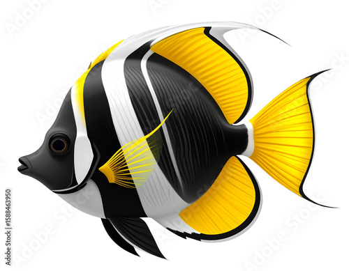  Angelfish-Inspired Black and White Tropical Fish with Curved Yellow Fins, Stylized Top-Down PNG