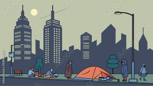 Urban landscape with tent and people near buildings under a night sky with a visible moon light