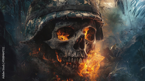Fototapeta Naklejka Na Ścianę i Meble -  Burning skull with soldier helmet in dark jungle, symbolizing war, death, destruction and chaos, with dramatic lighting and intense atmosphere.