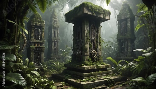 Wallpaper Mural Ancient Jungle Structures Covered in Moss and Vines in Foggy Environment Torontodigital.ca