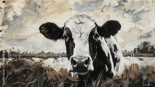Panoramic view of black and white cow
