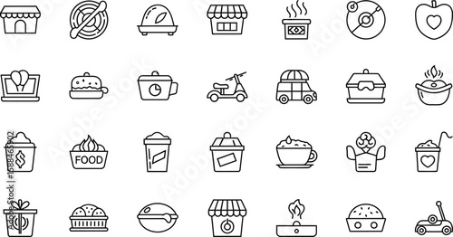 A collection of various line art icons depicting food, drinks, vehicles, and other miscellaneous items