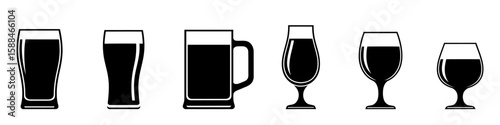 Set of black silhouettes of beer and wine glasses and mugs. Vector illustration.