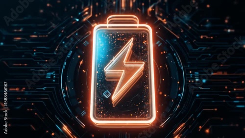 Animated Neon Battery Icon with Circuit Board Background for Energy and Technology Concept