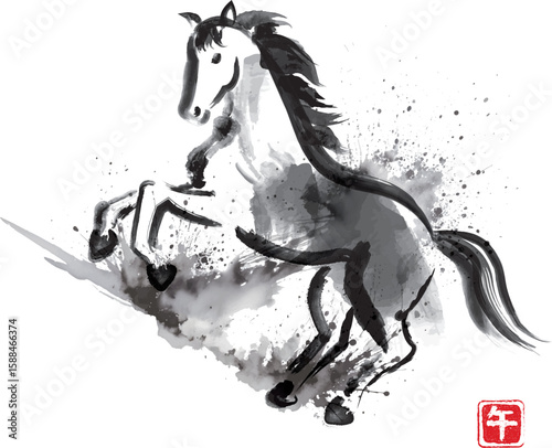水墨風の馬のイラスト午年年賀素材（背景のみAI使用）