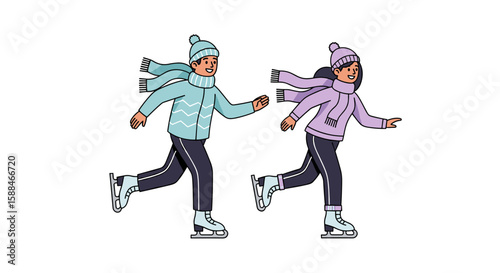 Cheerful ice skaters wearing winter outfits in pastel colors