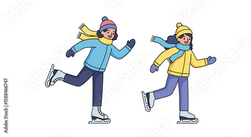 Skating friends in winter outfits on white background
