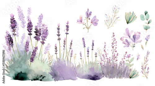 Fototapeta Naklejka Na Ścianę i Meble -  Delicate watercolor illustration of Provence lavender fields at springtime, soft purple and green brush strokes, loose floral details, white space around, transparent background, perfect for wedding i