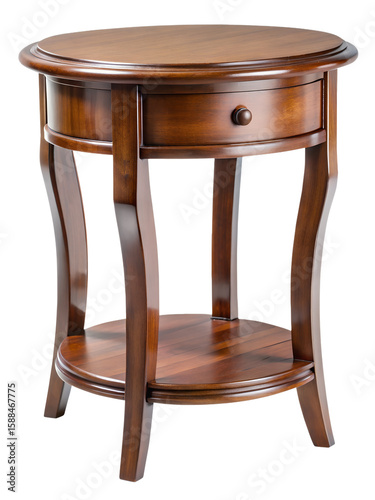 Photo of a classic wooden round end table with a drawer isolated on transparent background