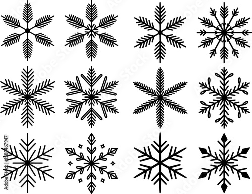 Bold black silhouette of unique snowflake designs in a winter grid pattern