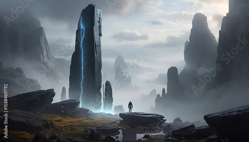 Wallpaper Mural Mystical Figure Standing Before Tower with Lightning in Foggy Alien Landscape Torontodigital.ca