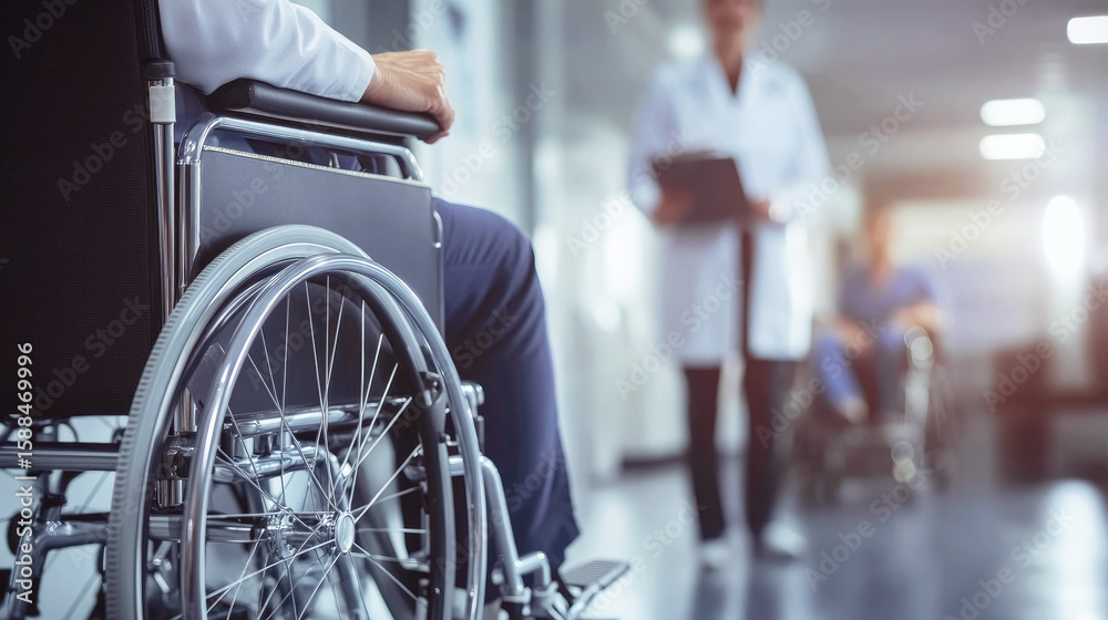 Obraz premium Close-up of man in wheelchair in hospital corridor, symbolizing healthcare, rehabilitation, patient care, disability support and medical recovery environment. Selective focus.