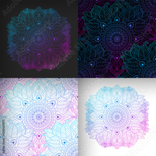 Ethnic seamless patterns and flower mandala in a psychedelic dark and light palette, pink, purple and blue. Floral and abstract details, oriental, indian, asian motifs.